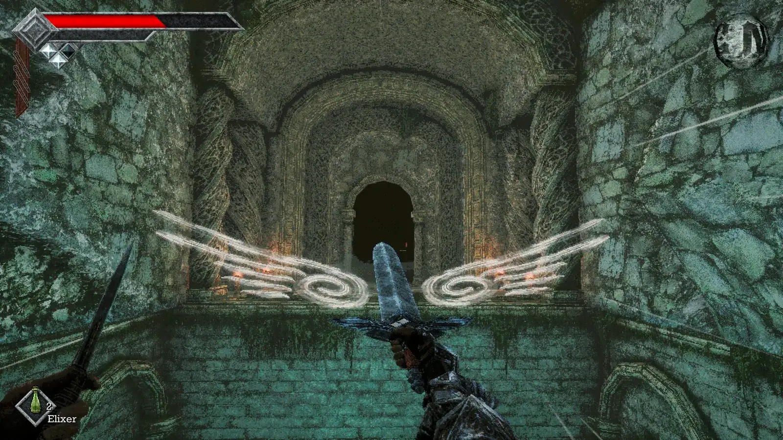 The launch build opens on the Isle of Neasied with the Holy Sword already in hand
